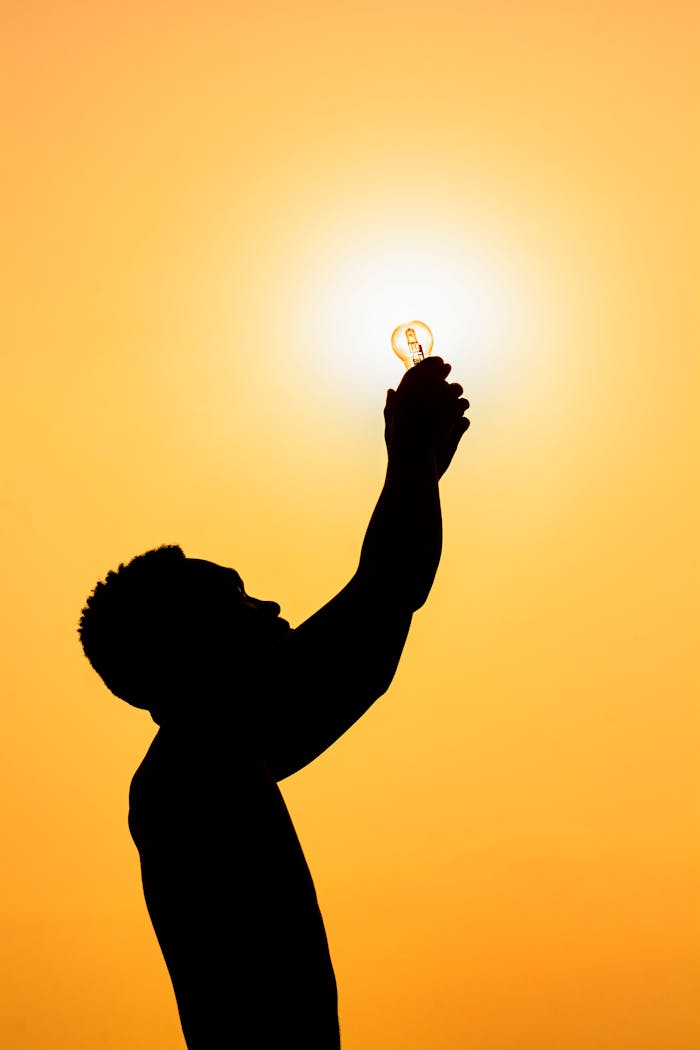 Side view of silhouette of faceless male holding light bulb against bright sun at dusk